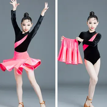 

Latin Dance Dress Autumn And Winter Wear Girls Gold Velvet Split Latin Skirt Short-sleeved Competition Performance