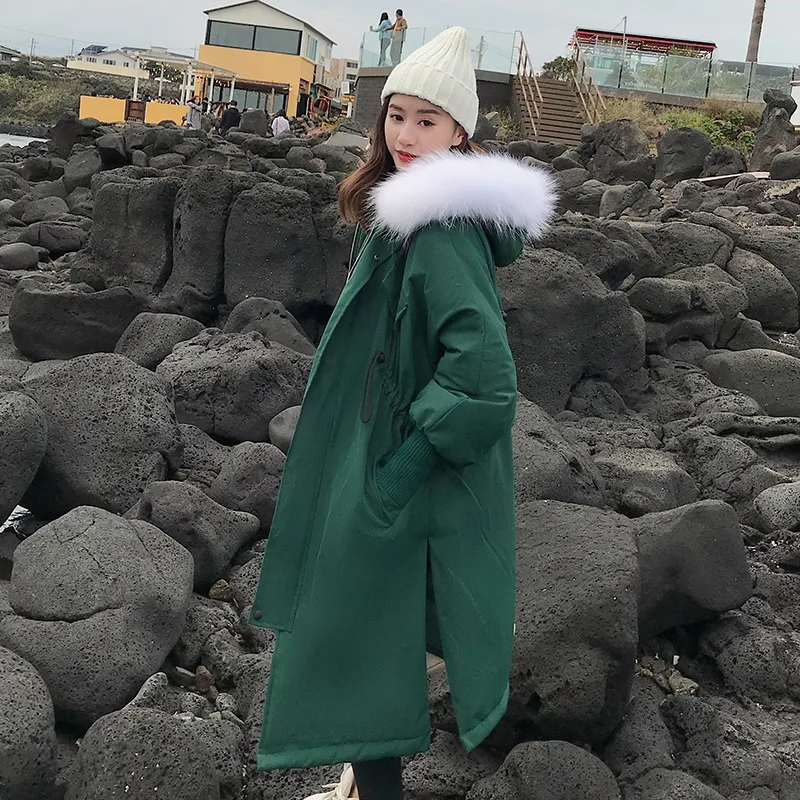 

Photo Shoot CHIC Yellow Mid-length Loose-Fit Oblique Drawstring Hooded Large Fur Collar Slit Thick Workwear Cotton Coat Women's