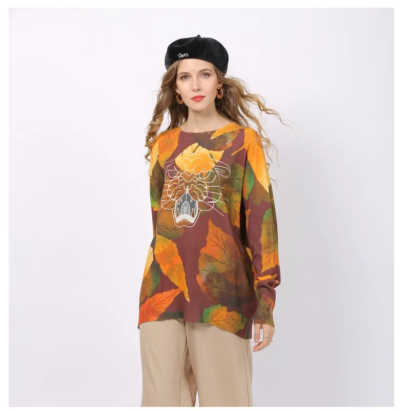Sweater Women's Tops O-neck Pullover Stylish Maple Leaf Tiger Print Sweaters Loose Plus Size Outerwear TA6328 | Женская одежда