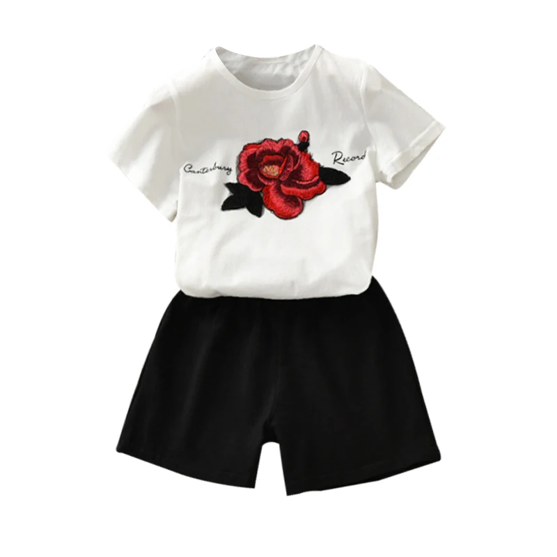 

Fashion Summer Baby Girls Clothes Short Sleeve Floral Print T-shirt Tops+Shorts Suits Casual Costume Set 11