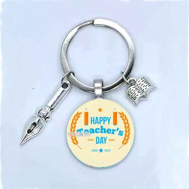 Fashion New Dear Teacher Round Glass Keychain Handmade DIY Book Pen Decoration Pendant Keychain Teacher'S Day Gift Souvenir 6