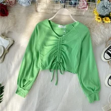 

Sexy V-neck Drawstring Solid Knitted Crop Top Spring and Fall Clothes for Women 2021 Korean Fashin Indie Long Sleeve Knitwear