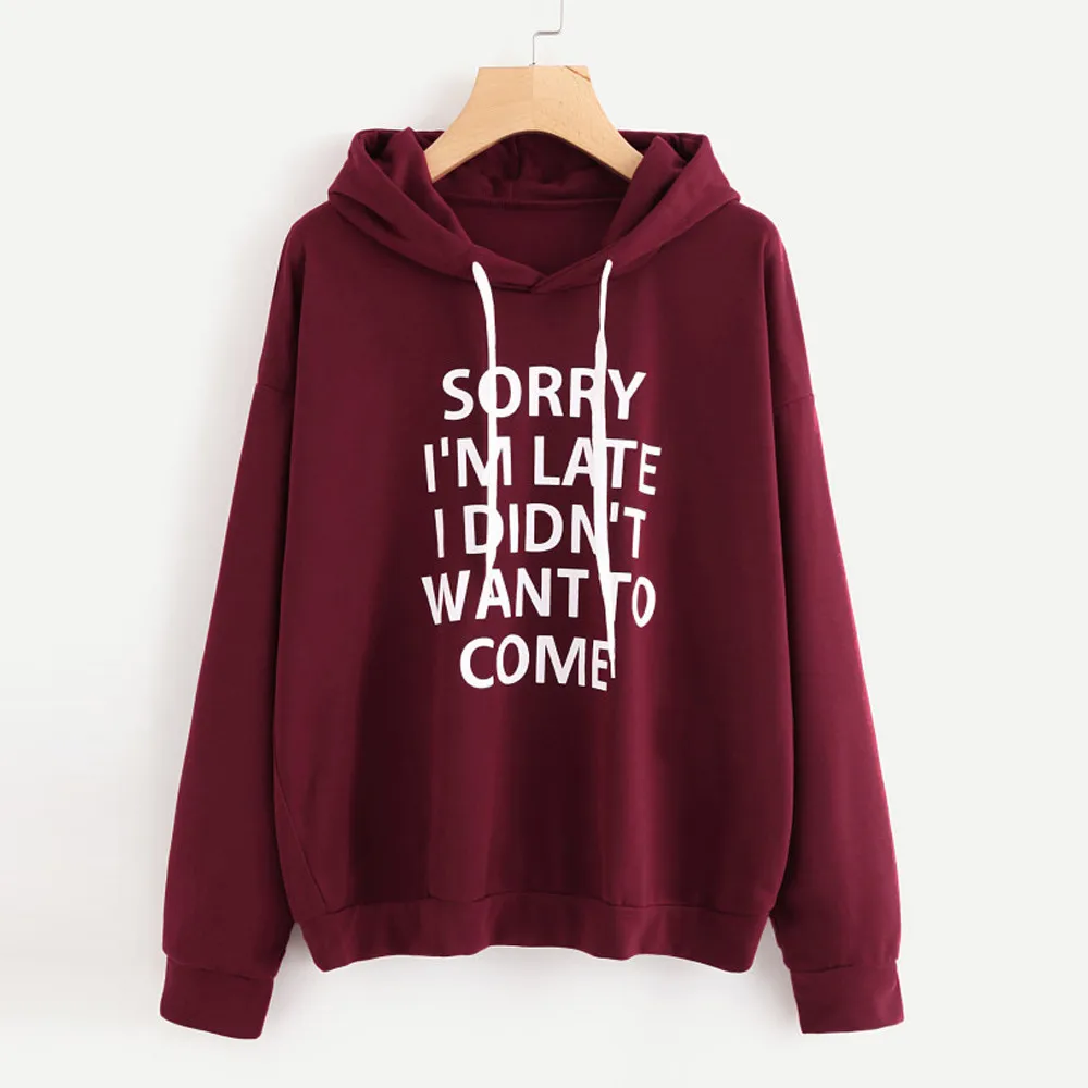 JAYCOSIN Women O-Neck Hoodie Jumper Long Sleeve Letter Print Casual Hooded Unique Sweet Comfortable Chic Pullover Tops Blouse