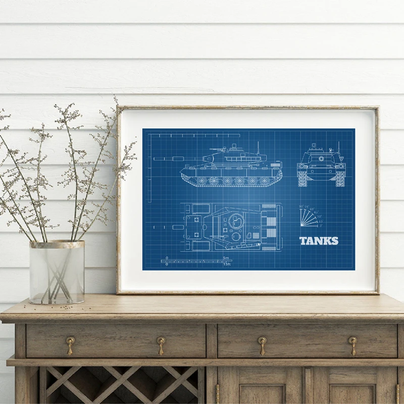 

Realistic Tank Blueprint Canvas Art Poster Prints War Vehicle Industrial Drawing Art Painting Picture Home Wall Decor Boys Gift