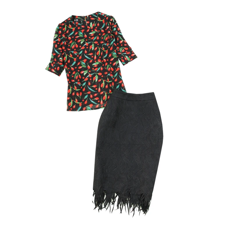 

Women's suit summer new fashion chiffon thin safflower shirt + black lace hip skirt OL set women two piece outfits