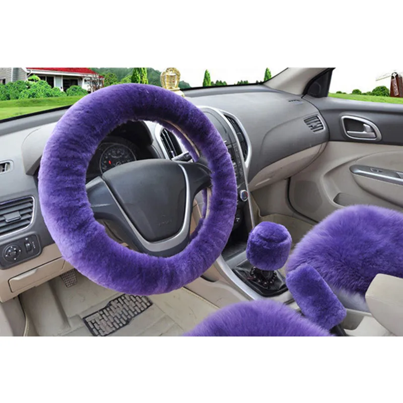 baiou Universal 3Pcs Set Plush Steering Wheel Cover for Women Faux Wool Hand Brake Cover&Gear Cover Set Warm Winter car Styling Interior Purple 