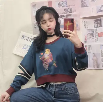 

SOUGEN Fashion Crop Top Autumn Sweatshirts Women Hollow Out Sleeve Cartoon Print Pullover Harajuku Shirt Punk Style Tops Female