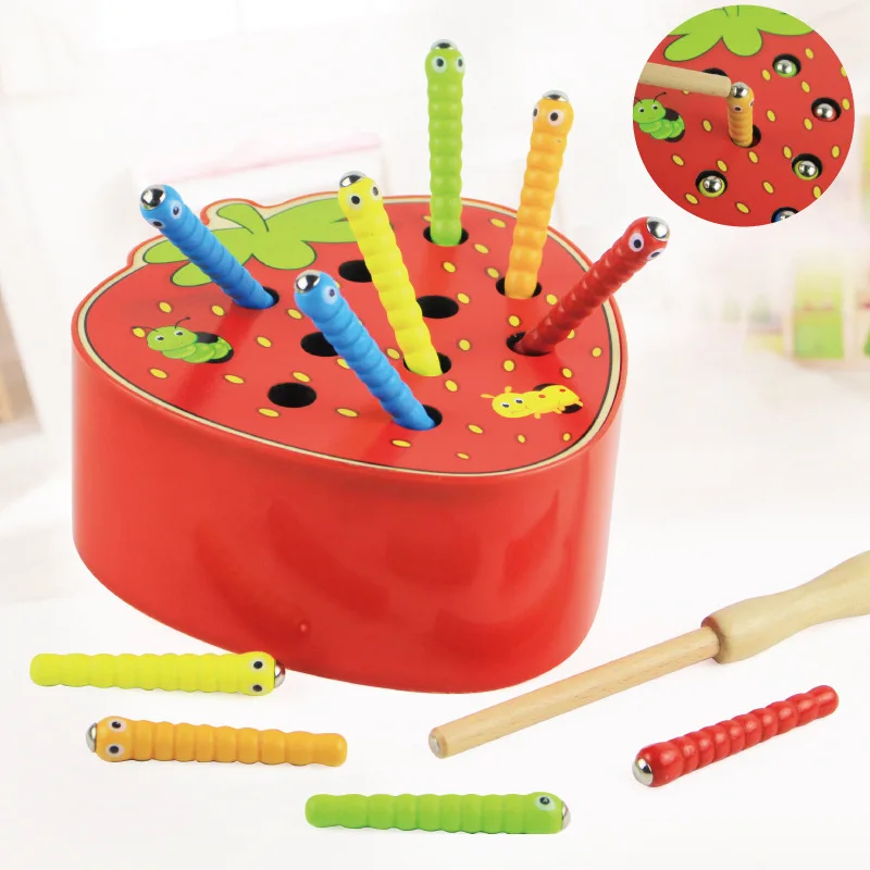 3D Montessori Wooden Toys Caterpillar Eats The Apple Kids Catch Worms Matching Puzzle Games Early Education Interactive Math Toy