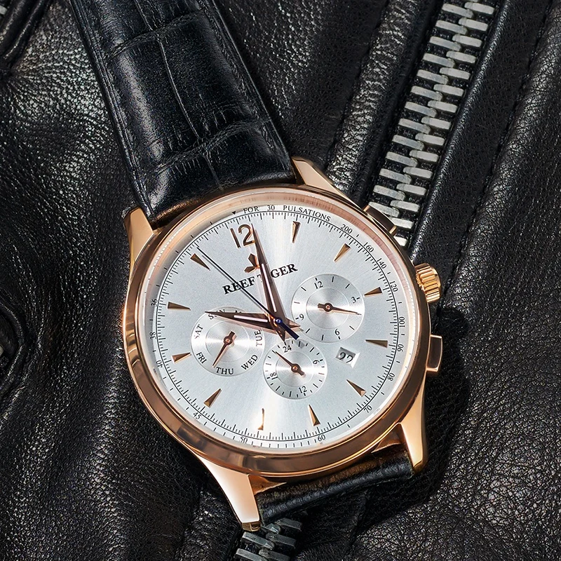 Риф Тигр роскошные часы для мужчин коричневый кожаный ремешок автоматические