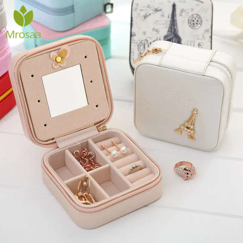 

Portable PU Leather Jewelry Box Packing Jewelry Case Makeup Organizer Cosmetic Box&Mirror Travel Earring Ring Casket Storage Box