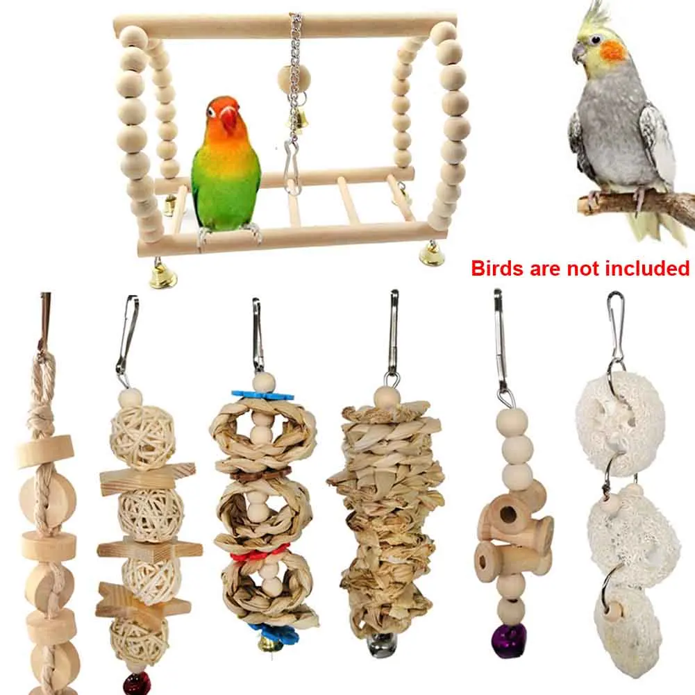 7 шт./компл. Cockatiels восхождение подвесной колокольчик окунь клетка для птиц качели деревянный небольшой попугаев жевательная игрушка для попугаев ара подарок для домашних животных