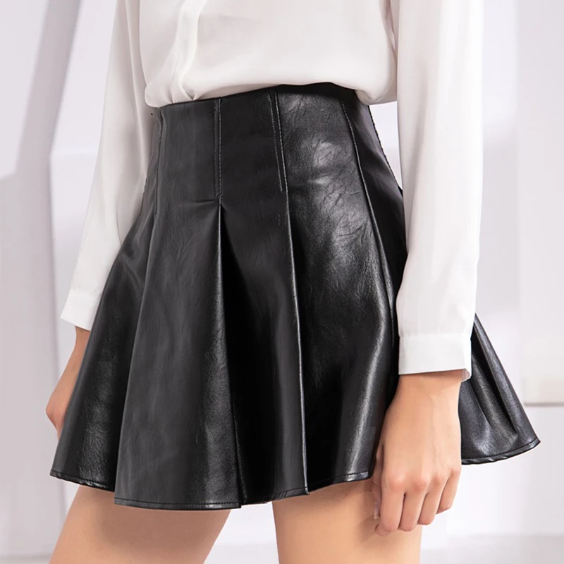 SUCHCUTE PU искусственная кожа Женская юбка А-силуэта Modis Готическая однотонная плиссированная мини-юбка Весенняя уличная одежда простые дикие наряды