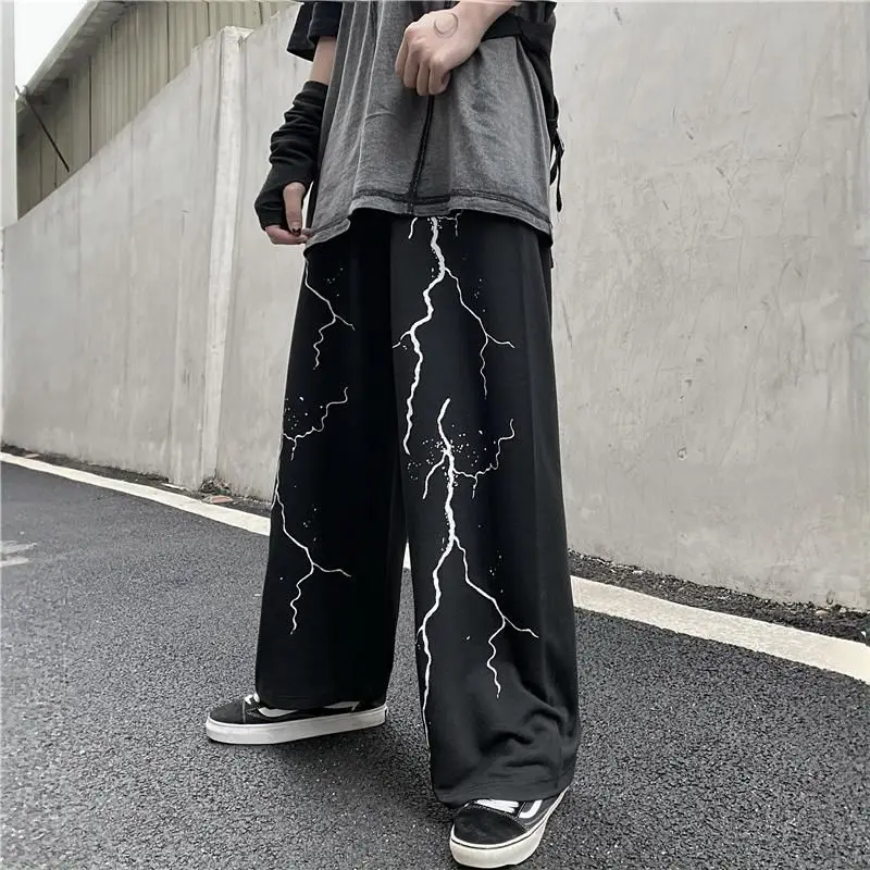 Men summer loose straight lightning print vintage sweatpants high street trousers-size male clothing wide leg pants,wide leg sweatpants