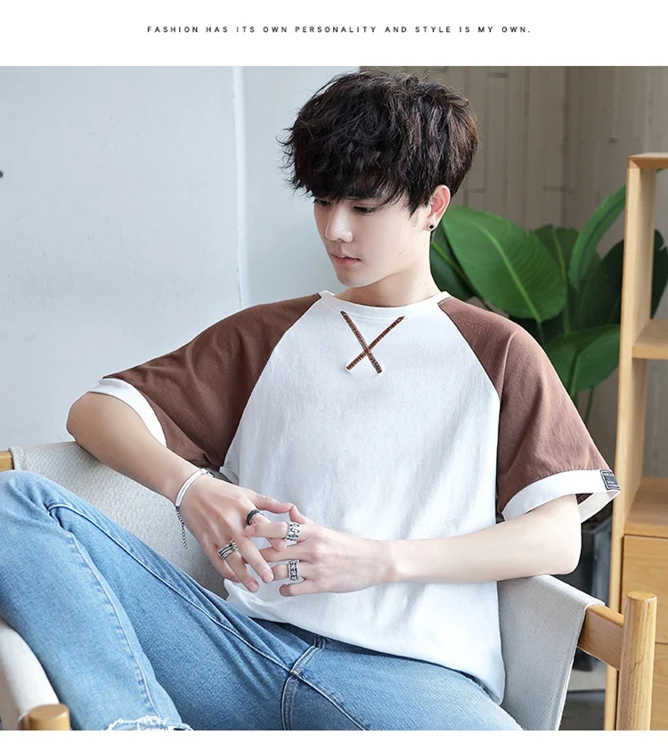 Летняя мужская футболка с короткими рукавами seven male ulzzang tide, свободная футболка с рукавом «пять с половиной» XueShengChao, брендовая одежда