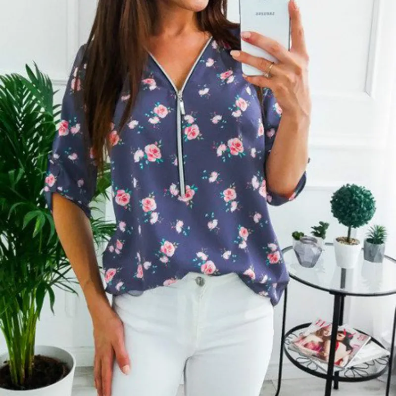 Spring Office Shirt Vintage Floral Print Zipper V Neck Chiffon Blouse Autumn Long Sleeve Women Blouses Plus Size Tops 5XL Mujer