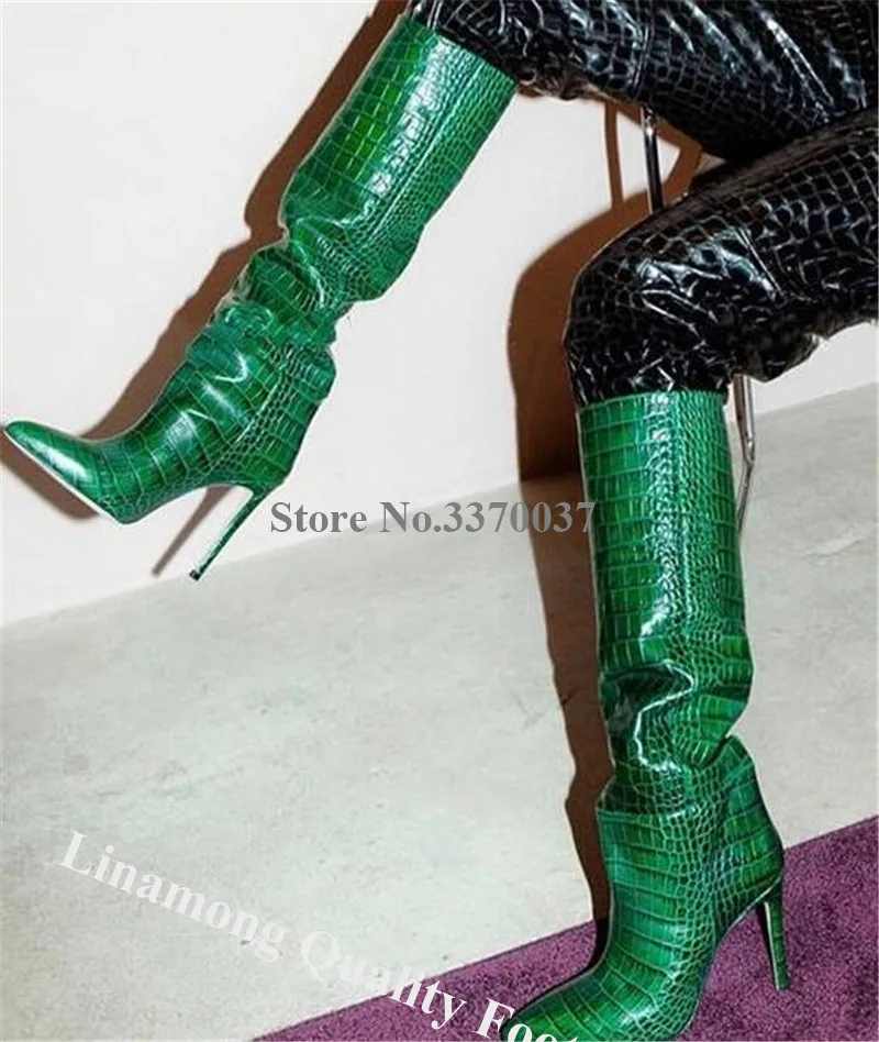 Linamong Для женщин элегантные туфли с острым носком на шпильках; сапоги до колена зеленого и синего цвета с узором под змеиную кожу длинные, с высоким каблуком, вечерняя обувь на высоком каблуке