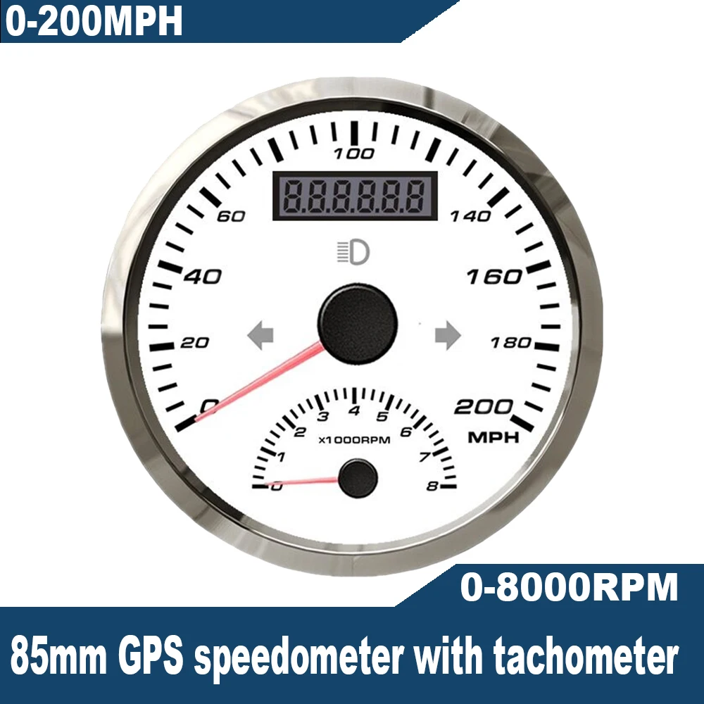 Waterproof Miles 85mm 200MPH GPS Speedometer 8K Engine Tachometer 0 8000RPM Odometer GPS Antenna