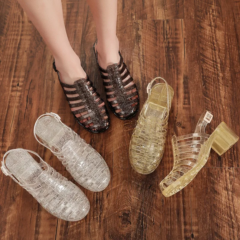 Rain Closed Toe Sandals Female High-Heeled Shoes Transparent Crystal Plastic Beach Women Jelly Shoes High Heels Sandals Slippers Waterproof  (3)