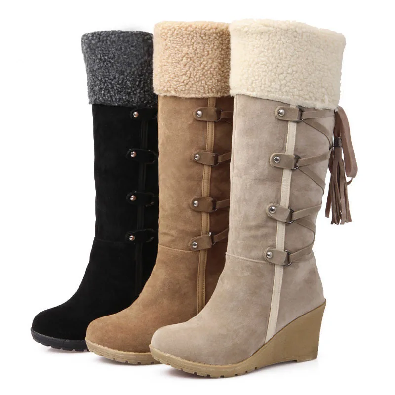 

2019 New High Heels boots Womans Suede Wedge Shoes woman Round head Solid Color Plus cashmere Women's Winter boots Size 35-42