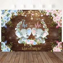 

Mocsicka He Or She Gender Reveal Party Wood Photography Backdrops Blue Pink Baby Elephant Flower Photo Background Photocall Prop
