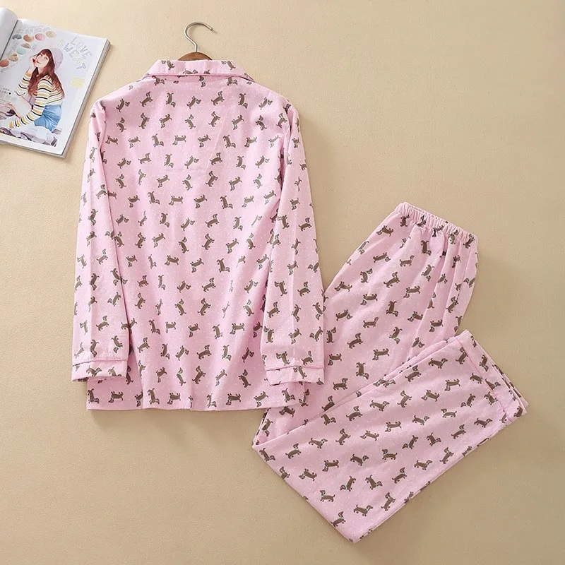 Осень для женщин розовый/синий милый Принт "Такса" пижамные комплекты с длинным рукавом Топ эластичный пояс брюки матовый хлопок пижамы