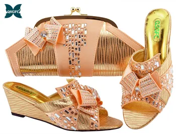 

2019 Peach Color Match bag and shoe set Italian design women shoes heels Nigerian Shoe and Bag Women Shoes in wedding for party
