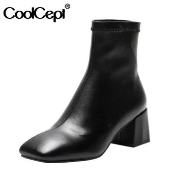 

CoolCept New Fashion Shoes Ankle Boots Square Toe Thick Heel Slip On Shoes Stretch Fabric Solid Color Ladies Footwear Size 33-40