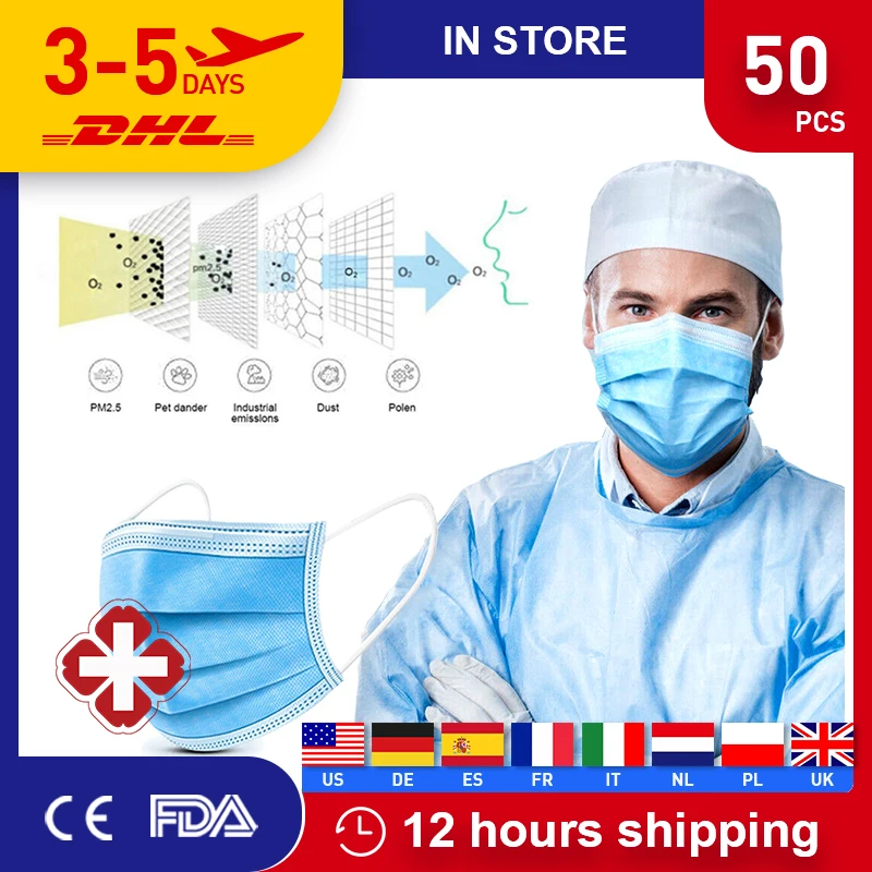 

Fast Delivery 50pcs Disposable Anti-Pollution Mask 3 Ply Face Mouth Masks Flu Nonwoven Anti Dust Earloops Filter Masks With Box