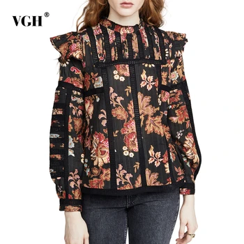 

VGH Vintage Print Ruffle Shirt Women Stand Collar Lantern Long Sleeve Patchwork Lace Blouses Female Clothing 2020 Fashion Tide