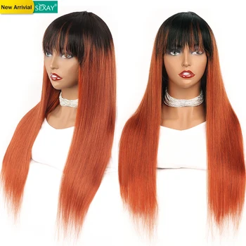 

#350 Colored Human Hair Wigs With Bangs 1B/orange Ombre Full Machine Fringe Brazilian Wig Straight Human Hair Wigs For Women