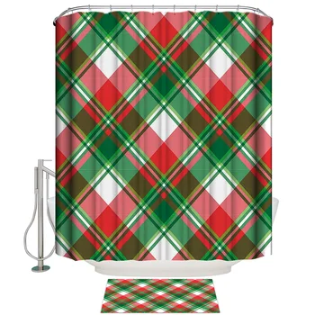 

Red And Green Plaid Shower Curtain Set Waterproof Fabric