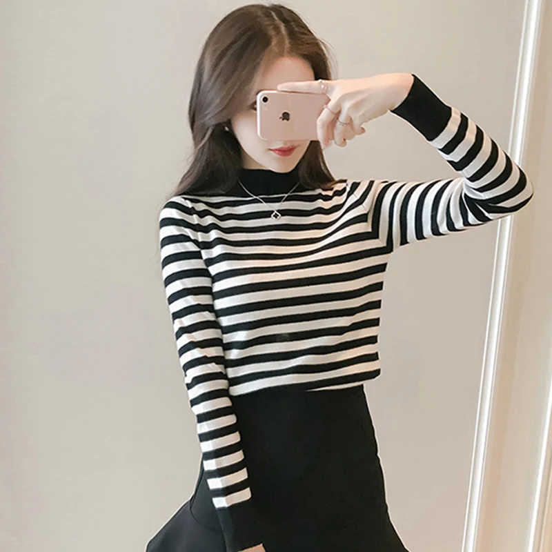

Winter Long Sleeve Striped Sweater Women Pullover Knitted 2019 Tops Korean Pull Femme Jumper Female Turtleneck Sweaters Black