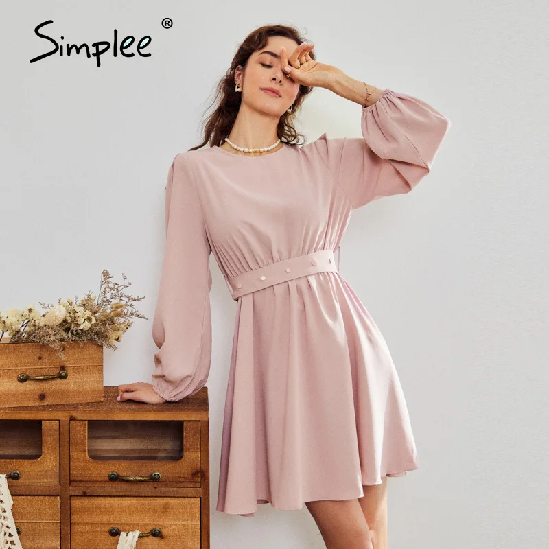 Simplee Casual crew neck solid women dress Office lady lantern sleeve drawstring short dress A-line belt ladies mini dress 2020 Simplee Casual crew neck solid women dress Office lady lantern sleeve drawstring short dress A-line belt ladies mini dress 2020