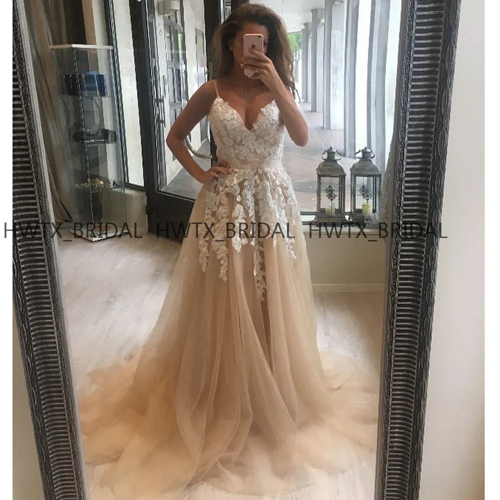 

Plus Size Champagne Tulle Evening Dress 2020 Spaghetti Straps Lace Applique Long A-Line Formal Dress Vestidos de fiesta de noche