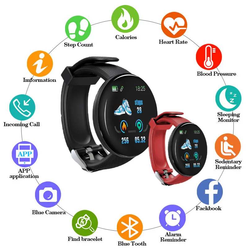 

D18 Men Women Bluetooth Smart Watch 2020 Blood Pressure Smartwatch Android IOS Sport Pedometer Smart Watches zeblaze gts