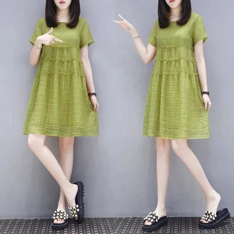 

Green Dress Female Summer Dress Fat mm Korean Version Loose Thin Short Sleeve Mid-Length A-Line Dresses Mujer Elegant 412