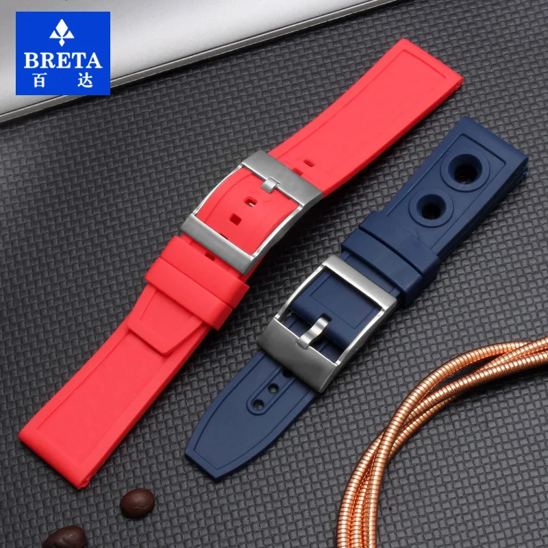 BRETA силиконовый резиновый ремешок для часов, черный, желтый, красный, темно-синий, 22 мм, 24 мм, браслет для часов navitimer avenger breitling