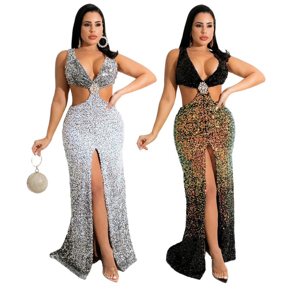

Sequined Evening Long Dress Women Elegant Rhinestone V Neck Sleeveless Cut Out Hight Slit Club Party Dress Robe Femme Festivals