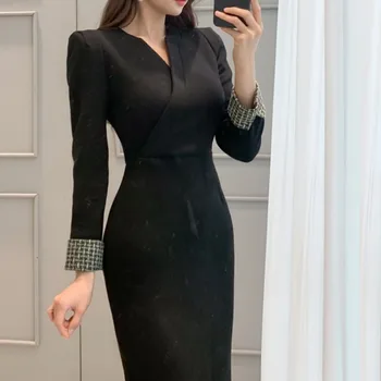 

Cross border 2020 new ol temperament slim V-neck medium length celebrity fashion sexy professional dress