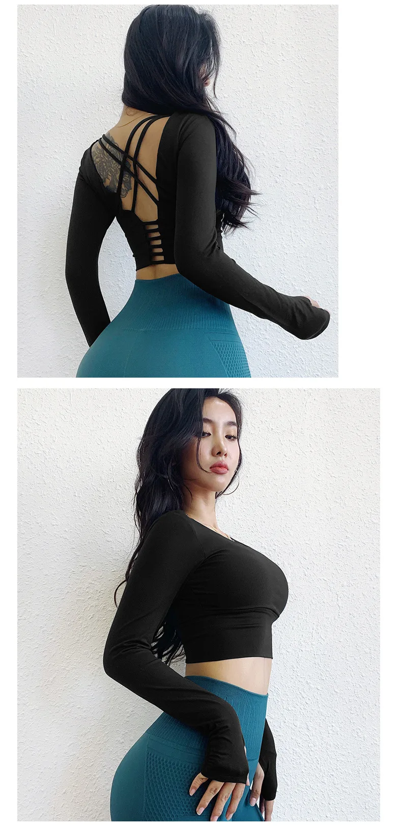 Women Back Straps Gym Yoga Crop shirt Tops Yoga Paded Long Sleeve Training Top Fitness Running Sport T-Shirts