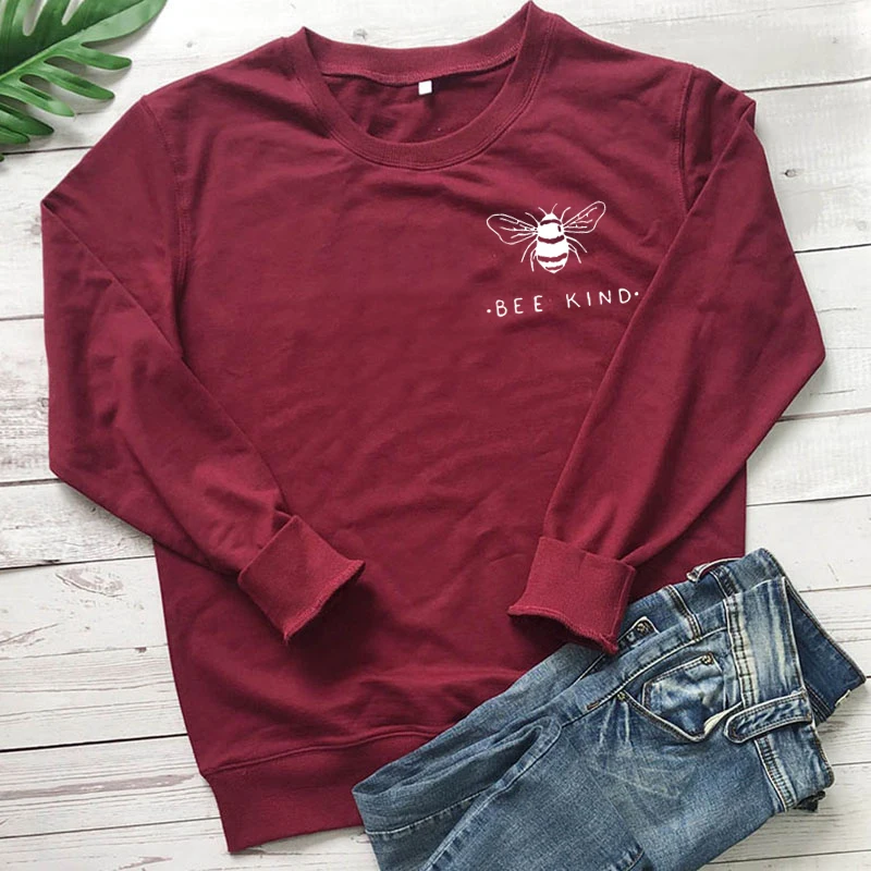 

Bee Kind Crew Sweatshirt Women Harajuku Save The Bees Jumpers Honey Long Sleeve Streetwear Sweatshirts Pocket Print Outfits Top