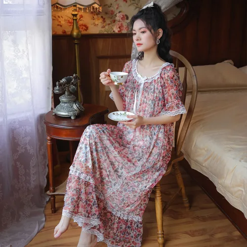 꽃 프린트 나이트 드레스 여성 모달 메쉬 레이스 롱 Peignoir Princess Sleepwear 로맨틱 나이트 가운 Vintage Victorian Nightie 4