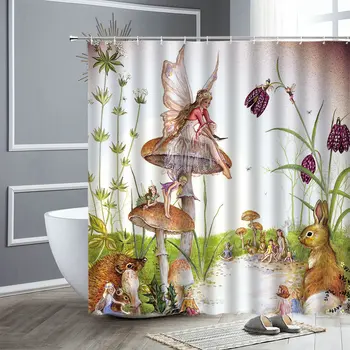 

Cartoons Shower Curtains Flower Fairy Butterfly Girl Elves Animal Rabbit Bathroom Curtain Buth Screen Buthtub Decor With Hooks