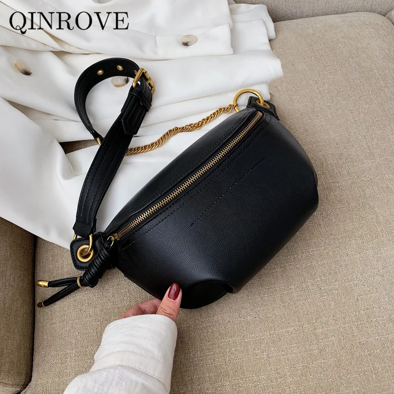 

With Chains Shoulder Bag Women's PU Leather Female Lady Fashion Waist Bag Solid Color Pouch Small Quality Foldable Banana Bag