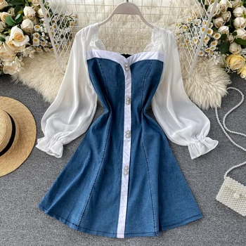 

High Quality 2019 Spring Korea Fashion Women Casual Square Colllar Long Puff Sleevesingle-breasted Mini Denim Dress H123