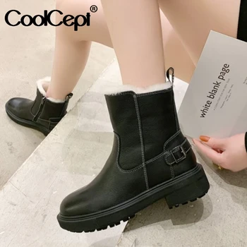 

CoolCept Women Snow Boots Real Leather Warm Fur Plush Winter Shoes Woman Buckle Fashion Platform Short Boot Footwear Size 35-39