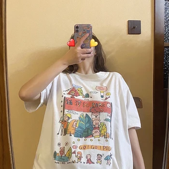 

Women Cute Piggy print White Casual Short-sleeve T-shirt Korean Female 2020 Summer new Loose Sweet pullover Tops Preppy Style