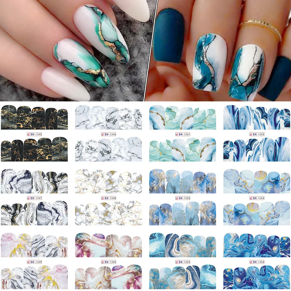 12pcs Gradient Marble Nail Stickers Flower Letter Leopard Cartoons Sliders for Nails Anime Water Transfer Decals SABN1345-1356 | Красота и