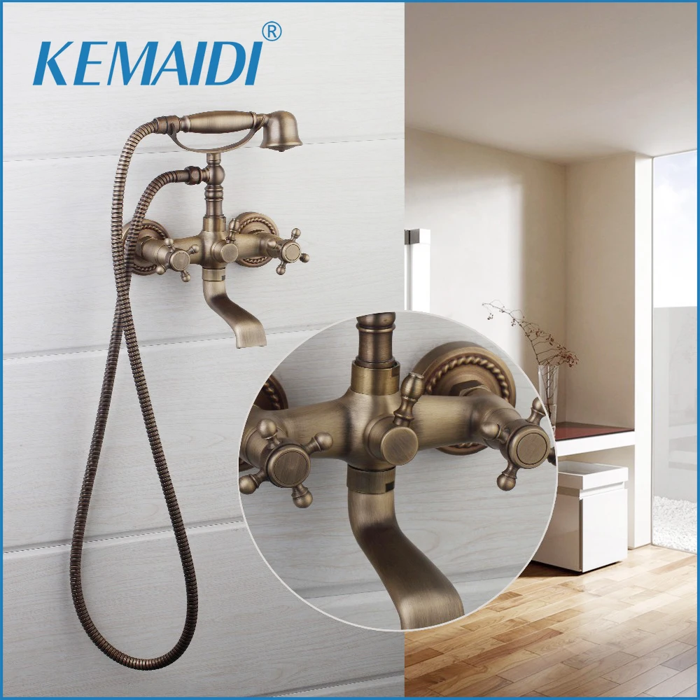 Get KEMAIDI Bathtub Telephone Wall Mounted Double Handles Antique Brass Bathub+Handshower Bathroom Basin Sink Faucet Mixer Tap