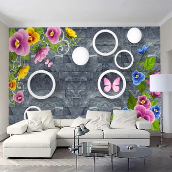 

Flower Wallpaper Home Decoration Romantic Circle Butterfly Wall Mural 3d Brick Wallpaper
